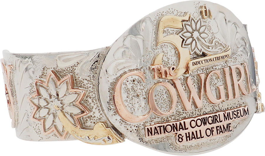 Engraved silver and gold cuff bracelet reading The 50th Induction Ceremony Cowgirl National Cowgirl Museum & Hall of Fame.